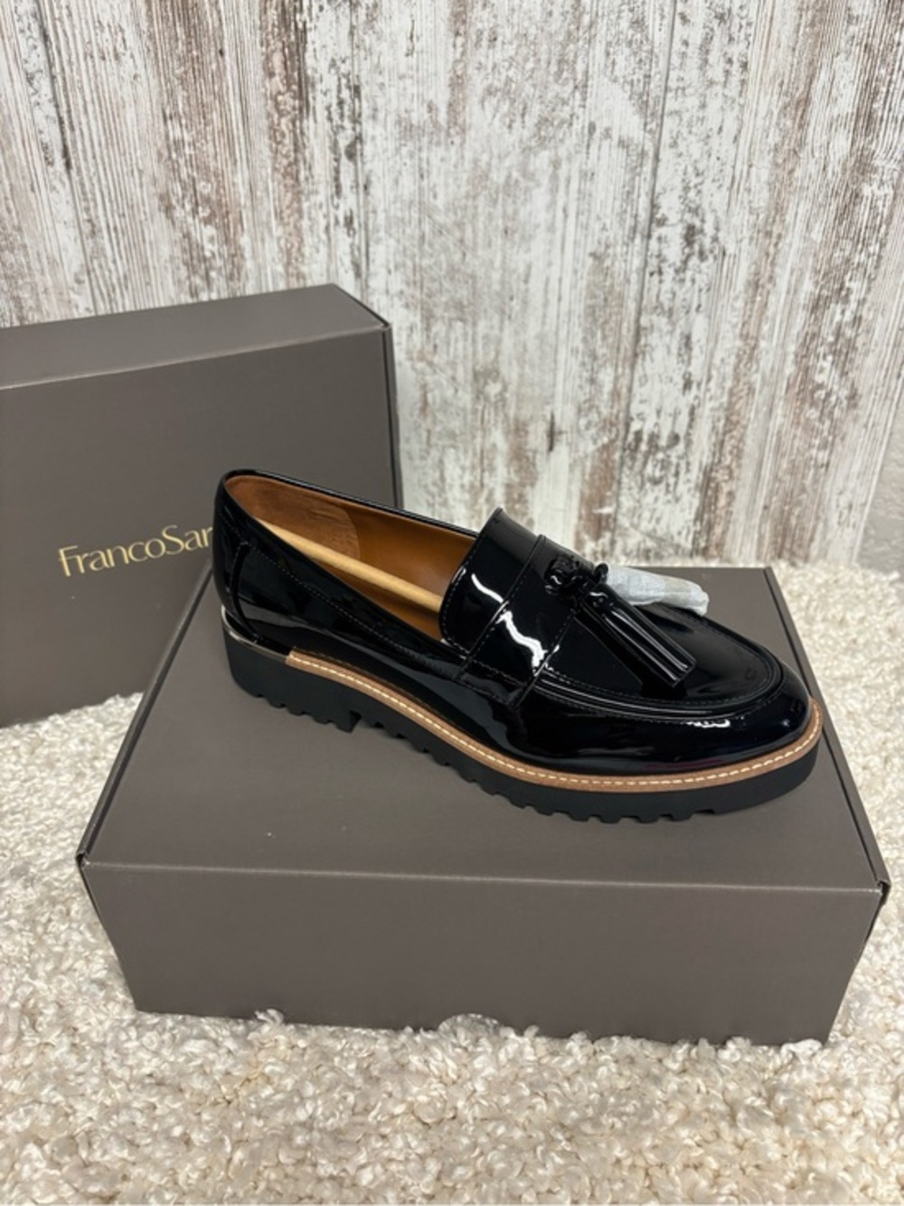 Franco Sarto Glossy Black Patent Tassel Lug Loafers